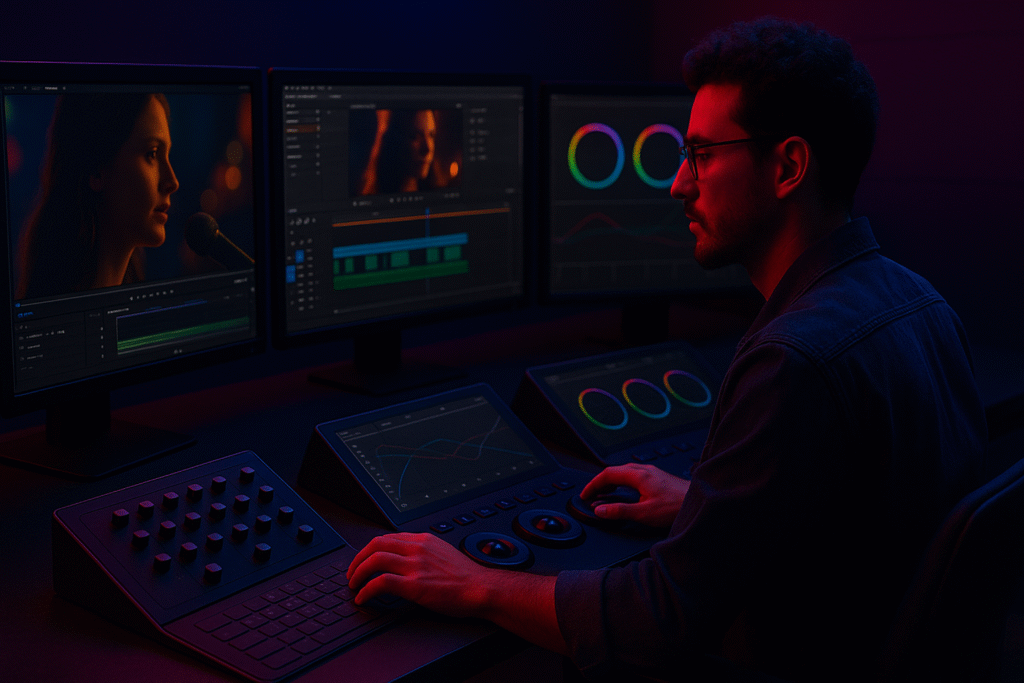 Post-Production studio Irvine. Sound engineer editing film using professional software in a dimly lit studio.