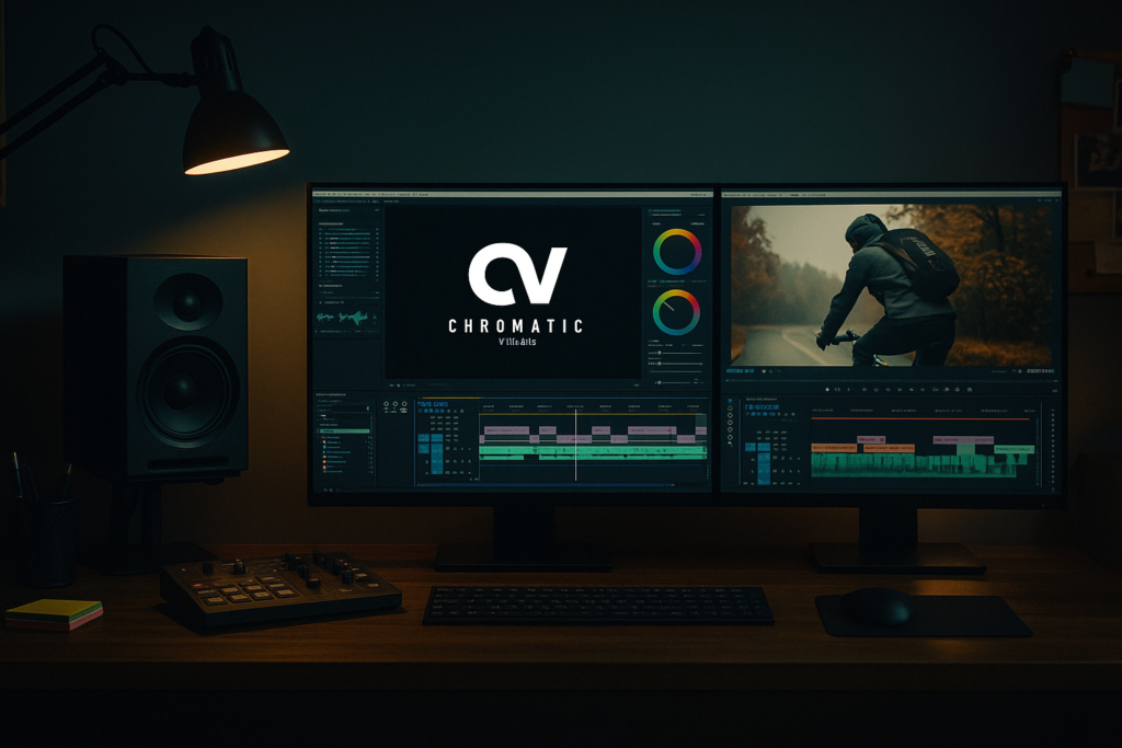 Post-Production studio Irvine. Sound engineer editing film using professional software in a dimly lit studio.